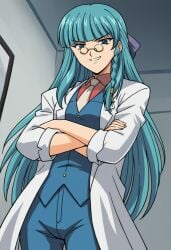 ai ai_generated arms_crossed commander dai_(series) daiakuji dark_blue_pants doctor ehavilla_mecco glasses labcoat light_blue_hair long_hair looking_at_viewer medical smiling_at_viewer