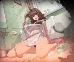 animated attack_on_titan bathroom brown_hair enigma_of_sepia eren_jaeger erenor green_eyes live2d mirror official_art shower_head tagme tagme_(character) wet_body wet_clothes wet_clothing wet_skin window