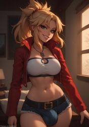 1futa 1futanari ai_generated ass belly belly_button belt big_ass big_breasts big_butt big_hips big_penis blonde_female blonde_hair blonde_hair breasts bulge bulge_through_clothing cleavage denim denim_bottomwear denim_clothing denim_shorts dick dickgirl eyebrows eyelashes fate/apocrypha fate/grand_order fate_(series) futa_only futanari green_eyes grin grinning grinning_at_viewer hair hair_ornament hands-free huge_cock indoors jacket lips long_hair long_sleeves looking_at_viewer makeup mordred_(fate) mordred_(fate/apocrypha) narrow_waist narrowed_eyes navel necklace nose penis ponytail red_jacket seducing seductive seductive_eyes seductive_gaze seductive_look seductive_mouth seductive_pose seductive_smile shorts small_shorts smile smile_at_viewer smiley_face smooth_balls smooth_penis smooth_skin solo solo_dickgirl solo_focus solo_futa solo_futanari tank_top testicles tomboy velonix