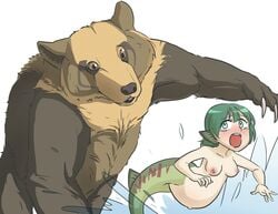 artist_request bear belly breasts claws female fish_tail fleeing green_hair looking_back mermaid monster_girl pregnant size_difference tears topless water