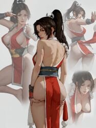 ai_generated ass back bangs bare_back bare_legs bare_shoulders bodily_fluids breasts brown_eyes brown_hair cleavage clothing dress fan fatal_fury female female_only folded_fan folding_fan from_behind hand_fan high_ponytail high_resolution holding_fan king_of_fighters large_breasts legs lips long_hair looking_at_viewer looking_back mai_shiranui mole mole_on_breast multiple_views ninja nipple_slip nipples no_bra obi parted_bangs parted_lips pelvic_curtain ponytail revealing_clothes rope sash shiranui_mai sideboob simple_background smile solo sweat thighs tied_hair traditional_clothes wafuku wardrobe_malfunction white_background xsfmworks