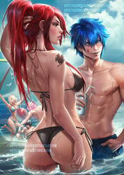 2girls 3boys ass beach bikini blonde_hair dat_ass erza_scarlet fairy_tail female gray_fullbuster jellal_fernandes lucy_heartfilia male natsu_dragneel partially_submerged red_hair sakimichan standing tattoo