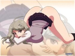 1girls ahoge akamatsu_kaede artist_name ass ass_focus ass_up black_socks blonde_hair crossed_arms danganronpa danganronpa_v3 face_down_ass_up female hair_ornament highres hips jack-o_pose layerth legs light-skinned_female light_skin long_hair looking_at_viewer panties purple_eyes purple_shirt school_uniform skirt smile socks solo thick_thighs thighs water