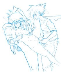 2boys1girl beat beat_(twewy) belly_button breast_grab breasts breasts_out clothed_male_nude_female hat hat_only holding_partner holding_penis holding_up_female holding_up_other_character insertion leg_up loving_it neku_sakuraba neo:_the_world_ends_with_you nipples penis pleasure_face pubic_hair pulling_down_pants pussy shiki_misaki sketch spaghett8 spaghetto087 steamy_breath the_world_ends_with_you threesome