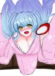 big_breasts blue_hair queen_of_hatred ten_oekaki yellow_eyes yukata