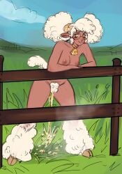 2025 absurd_res alternate_version_at_source anthro areola arm_support bell bell_collar biped bodily_fluids bovid breasts caprine cloven_hooves collar cowbell curled_horn digital_media_(artwork) ewe eyewear female female_peeing fence field fur genital_fluids glasses grass hair hair_bun hi_res hooves horn lameboast mammal nipples nude outdoor_nudity outside peeing peeing_on_ground peeing_outside pink_areola pink_nipples plant pubes round_glasses sheep solo standing twin_buns urine urine_on_ground urine_stream wood wood_fence wool_(fur) yellow_eyes yellow_urine