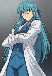 ai ai_generated arms_crossed commander dai_(series) daiakuji dark_blue_pants doctor ehavilla_mecco glasses labcoat light_blue_hair long_hair looking_at_viewer medical smiling_at_viewer