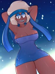 1girls arkeus arms_behind_head bandana bare_shoulders carol_(ok_k.o.!_let's_be_heroes) cartoon_network character_request dark-skinned_female large_breasts lips looking_down ok_k.o.!_let's_be_heroes smile source_request white_hair