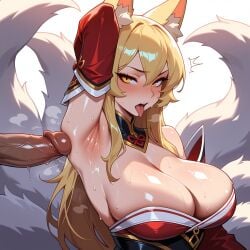 1boy 1girl ahri ahri_(league_of_legends) ai_generated animal_ear_fluff animal_ears animal_tail areola_slip arm_behind_head arm_up armpit_sex armpits arms_up bangs bare_shoulders blonde_hair blush breasts cleavage clothing detached_collar detached_sleeves erection female fox_ears fox_girl fox_tail hair_between_eyes hetero huge_breasts japanese_clothes kitsune large_breasts long_hair looking_at_viewer lunaart male multiple_tails open_mouth penis presenting_armpit red_sleeves saliva sankaku_ai shiny_skin simple_background solo_focus sweat tail teeth tongue tongue_out upper_body upper_teeth_only white_background yellow_eyes