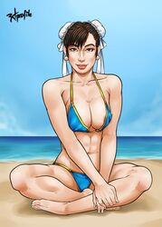 bikini brown_hair bun_cover capcom chun-li cleavage double_bun earrings female female_only hair_bun highres human radprofile sitting solo street_fighter