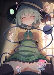1boy absurdres adapted_costume black_hat black_thighhighs blush bow breasts censored commentary_request cowgirl_position darumoon erection eyeball facing_viewer female floral_print frilled_skirt frilled_sleeves frills green_hair green_neckerchief green_skirt hat hat_bow heart heart_of_string highres komeiji_koishi large_breasts long_sleeves medium_hair moaning mosaic_censoring neckerchief paid_reward_available penis print_skirt pussy rose_print sex shirt skirt speech_bubble spoken_heart straddling straight thighhighs third_eye touhou translation_request vaginal_penetration variant_set yellow_bow yellow_shirt