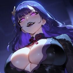 ai_generated big_breasts black_lipstick breasts evil_grin femdom genshin_impact glowing_eyes goddess hoyoverse huge_breasts lipstick looking_at_viewer looking_down milf purple_hair raiden_shogun seductive seductive_look smirk smirking_at_viewer smug voluptuous