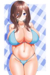 arms_behind_back bikini blue_bikini blue_eyes blush breasts brown_hair cameltoe checkered_background cleavage closed_mouth collarbone female go-toubun_no_hanayome hair_between_eyes highres large_breasts long_hair looking_at_viewer nabeshiita_(atsuryoku_nabe) nakano_miku navel patterned_background smile solo standing swimsuit