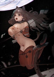 :o animal_ears breasts brown_eyes brown_hair cat_ears cat_tail covering covering_breasts detached_sleeves earth female highres instant-ip large_breasts long_hair looking_at_viewer moon navel open_mouth original red_legwear solo space tail thighhighs