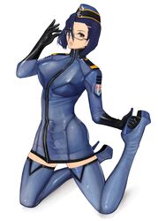 1futa 1girls 2010s blue_hair bodysuit breasts bulge cameltail erect_nipples erection female futanari glasses high_heel_boots human intersex kaoru_niimi komii large_breasts light-skinned_female light_skin penis_in_bodysuit short_hair space_battleship_yamato space_battleship_yamato_2199 tight_clothes