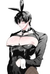 1boy big_breasts blush breasts_out bunny_boy bunnysuit busty busty_boy butler censored cleavage collar erect_nipples fake_animal_ears gay heart male male_cleavage male_only male_with_breasts nipple_slip solo solo_male standing tktetkt