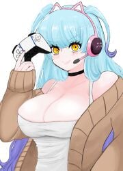 big_breasts blue_hair game_controller queen_of_hatred ten_oekaki yellow_eyes