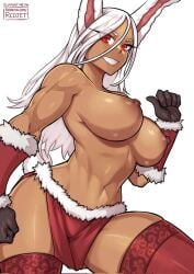 bare_shoulders black_gloves boku_no_hero_academia braless christmas christmas_clothing christmas_gloves christmas_outfit christmas_skirt dark_skinned_female fur_trimmed_skirt looking_at_viewer mirko muscular_female muscular_woman my_hero_academia rabbit_ears rabbit_girl rabbit_tail red_eyes redjet superheroine topless topless_female white_hair