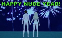 1boy 1girls abby_(retropunch) ass barefoot blonde_hair both_sexes_in_same_situation breasts brown_hair casual completely_nude completely_nude_female completely_nude_male exhibitionism female full_body happy_new_year holding_hands human koikatsu long_hair male naked naked_female new_year night nude nude_female nude_male nudist outdoor_nudity outdoors pale_skin penis pussy retro_(retropunch) retropunch short_hair