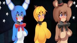 3girls animatronic bear_ears big_breasts blue_hair blush bow_tie breasts brown_hair female five_nights_at_freddy's five_nights_in_anime fur green_eyes huge_breasts humanized large_breasts mairusu-paua mechanical multiple_girls purple_eyes rabbit_ears robot rule_63 smile top_hat toy_bonnie_(fnaf) toy_chica_(fnaf) toy_freddy_(fnaf) yellow_hair