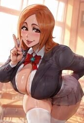 ai_generated amiral_ai bending_over bleach bleach:_the_thousand-year_blood_war huge_breasts inoue_orihime jacket long_hair looking_at_viewer massive_breasts one_arm_behind_back orange_eyes orange_hair peace_sign school_uniform short_skirt stockings thick_thighs tongue_out