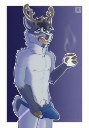 anthro beverage bulge clothing clothing_pull coffee coffee_mug deer equid hi_res jockstrap jockstrap_bulge jockstrap_pull kzero male mammal open_mouth solo tired underwear underwear_pull yawn