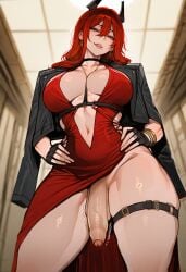 1futa ai_generated beauty_mark dress fingerless_gloves flaccid foreskin from_below futanari goddess_of_victory:_nikke jacket jewelry long_hair looking_at_viewer red_hair red_hood_(nikke) red_hood_(nonsense_red)_(nikke) thigh_strap yellow_eyes