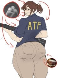 1girls 2025 2d_(artwork) amazonian armed arrows ass ass big_butt big_female blue_hat blue_headwear blue_shirt blue_topwear brown_hair brown_hair brown_hair_female brunette_hair bureau_of_alcohol_tobacco_and_firearms cake caked_up caucasian caucasian_female clothed_female dumptruck_ass english english_text fat_ass fat_butt federal_agent female female_focus firearm from_behind_angle fully_clothed fully_clothed_female government_employee grin grinning gun hair_tied hair_tied_back hair_tied_up hand hat headwear hi_res holding_gun holding_object holding_shotgun huge_ass january january_(month) khaki_pants khakis large_female law_enforcement littleclevie no_sex pale-skinned_female pale_skinned_female pastry ponytail ponytail_(hair) ponytail_female ponytail_hair shirt shotgun skinwalker smiling solo_female solo_focus tall tall_female tall_woman text thick_thighs topwear villainess white_background white_female yellow_eyes yellow_eyes_female