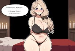 1girls ai_generated arms_behind_back bed bedroom blonde_hair blue_eyes blush bra candle chubby fire_emblem fire_emblem:_three_houses highleg large_breasts looking_at_viewer mercedes_von_martritz novelai solo_female speech_bubble text thick_thighs voluptuous wide_hips