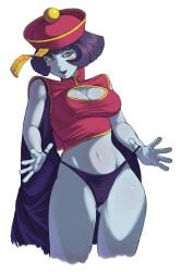 1girls blue_skin boob_window breasts cameltoe chinese_clothes cleavage darkstalkers hat hsien_ko jiangshi lei-lei lei_lei no_pants panties pulling_panties purple_hair