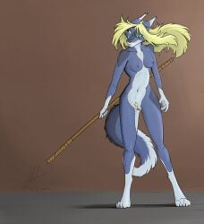 anthro blonde_hair breasts canid canine canis charity_cross commandercross female fighting_pose genitals green_eyes hair hi_res mammal nipple_piercing nipples nude piercing pose pubes pussy solo staff wavy_hair wolf