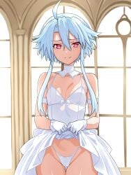 blanc blue_hair goddess light-skinned_female looking_at_viewer neptunia_(series) panties presenting red_eyes short_hair skirt_lift small_breasts smile solo thighs thong wedding_dress white_heart_(neptunia) zatsu