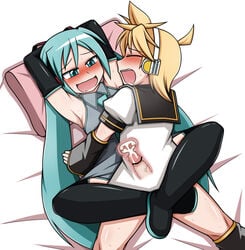 1boy 1girls armpits arms_behind_head bed blue_eyes blue_hair blush bottomless censored cum cum_in_pussy cum_in_uterus cum_inside cum_while_penetrated duo female female_on_bottom hatsune_miku headphones kagamine_len laying_on_bed leg_lock long_hair male_on_top open_mouth pillow stealing_seed thigh_boots twintails vagina vocaloid x-ray yagen_sasami zettai_ryouiki zettai_ryouiki(skirt)