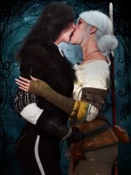 2girls ai_generated animated black_hair cd_projekt_red ciri closed_eyes clothing french_kiss kissing kissing mascara no_sound ryonacomicsofficial scar shorter_than_10_seconds tagme the_witcher_(series) the_witcher_3:_wild_hunt tongue_out video white_hair yennefer yuri