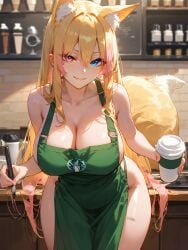 ai_generated amiiari apron balls_on_table barista big_breasts blonde_female blonde_hair blush breasts clothed employee employee_uniform female fox_ears fox_girl foxyevoxy heterochromia huge_breasts large_breasts looking_at_viewer multicolored_hair sassy smiling solo tagme thick_thighs virtual_youtuber vtuber wide_hips