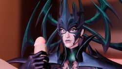 asgardian black_claws black_clothing black_eyelashes black_eyeliner edging female girl handjob hela hela_(marvel_rivals) looking_at_another marvel_rivals rioki01 seductive_eyes seductive_look