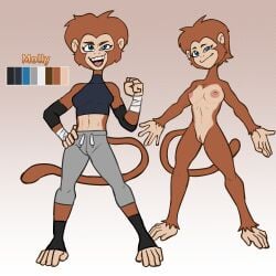 1:1 absurd_res anthro barefoot bottomwear clothing fan_character feet female genitals haplorhine hexecat hi_res mammal model_sheet molly_(hexecat) monkey nipples nude pants primate pussy smile solo teeth