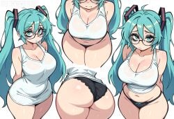 1girls bags_under_eyes big_ass big_breasts blue_eyes blue_hair breasts glasses hatsune_miku looking_at_viewer panties shewwwhore vocaloid