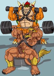 abs arody balls bara biceps big_muscles bowser brown_fur brown_scales claws colored digimon erection excessive_precum exercise fangs feline fur gay hair harness horn humanoid_penis koopa leomon lion male male/male male_only mammal mario_(series) musclegut muscular mutant-serpentina mutant_serpentina nintendo nipples nude oral pecs penis precum red_hair scales scalie simple_background smile sweat teeth toe_claws tongue vein video_games weightlifting weights white_background workout yaoi