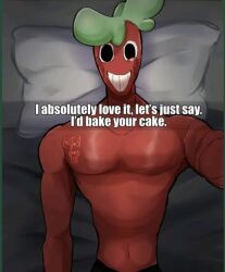 black_eyes cosmo_(dandy's_world) dandy's_world delete from horny horny_male humor justjuno laying_on_back laying_on_bed now. red_body skinny_male smile sprout_(dandy's_world) text the this ts_pmo why