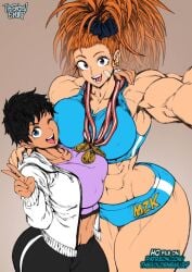 2girls abs bare_arms bare_legs bare_shoulders bare_thighs big_breasts black_hair blue_eyes brown_hair captain_mizuki clothed clothing color female female_focus female_only fit_female hi_res large_breasts light-skinned_female light_skin long_hair looking_at_viewer medal muscles muscular muscular_arms muscular_female muscular_legs muscular_thighs one-punch_man purple_eyes short_hair solo_female suiko_(one-punch_man) tagme thegoldensmurf thick_thighs