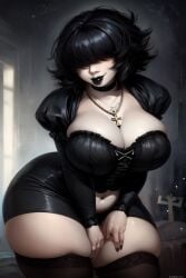 ai_generated bangs bangs_over_eyes black_hair black_lipstick breasts_between_arms chubby corset goth goth_girl hair_over_eyes hands_between_legs huge_ass huge_breasts josie_(euclidbeing) leaning_forward massive_breasts massive_thighs original_character short_hair smiling thick_thighs victorian_dress