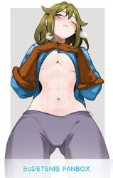 1girls abs ass_visible_through_thighs big_breasts blue_eyes blush breasts brown_gloves chloe_(unicorn_overlord) clothes_lift eudetenis female gloves green_hair grey_pants heavy_breathing large_breasts lowleg_pants narrow_waist no_bra one_eye_closed paid_reward_available pants shirt_lift shirt_lifted_by_self solo sweat underboob unicorn_overlord