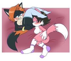 ankle_bracelet ankle_socks anus ass ass_licking bed blue_eyes bracelet breasts breathing chest_fur dark_fur dark_hair female female_fox female_on_female fox holding_ass legs_in_air naughty_foxxx nipples oc original_character pink_fur pussy pussy_leaking red_head rio_the_fox salad_tossing sex simple_background socks sonic_(series) sonic_oc star_jackson stockings tail tan_fur white_fur yuri