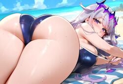 ass bangs bare_shoulders beach big_butt bijou blue_sky blue_swimsuit blush breasts day depressu eyebrows_visible_through_hair fat_ass female hair_ornament hololive hololive_english koseki_bijou large_breasts long_hair looking_at_viewer looking_back lying medium_breasts one-piece_swimsuit purple_eyes sand silver_hair sky solo swimsuit symbol-shaped_pupils thighs virtual_youtuber wet