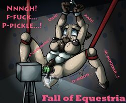 2015 anthro blue_eyes bondage bound breasts cervine clexyoshi dialogue dildo english_text fall_of_equestria fan_character fucking_machine insertion machine mammal my_little_pony nipples nude penetration pussy reindeer sex_machine sex_toy suspension tears text vaginal_insertion vaginal_penetration