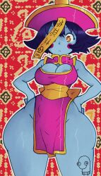 1girls areola_slip areolae blue_skin boob_window breasts chinese_clothes cleavage darkstalkers hat hsien_ko jiangshi lei-lei lei_lei no_pants purple_hair sockasso thick_thighs thighs wide_hips