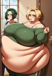 2girls ai_generated angry annoyed ben03020 big_belly confused_look ela_(rainbow_six) fat fat_ass fupa iq_(rainbow_six) obese obese_female rainbow_six_siege stuck stuck_in_door tagme weight_gain