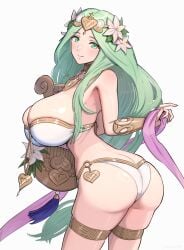 bikini breasts closed_mouth fire_emblem fire_emblem:_three_houses fire_emblem_heroes flower gonzarez green_eyes green_hair hair_flower hair_ornament harp highres holding_instrument holding_object huge_breasts instrument jewelry large_breasts long_hair lyre rhea_(aura_of_love)_(fire_emblem) rhea_(fire_emblem) simple_background very_long_hair white_background white_bikini