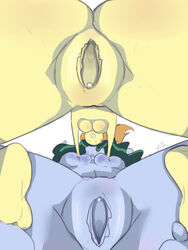 adventure_time big_breasts blue_skin blush breasts female female_only flame_princess huge_breasts large_breasts molestation muttgirl presenting_hindquarters vagina water_princess